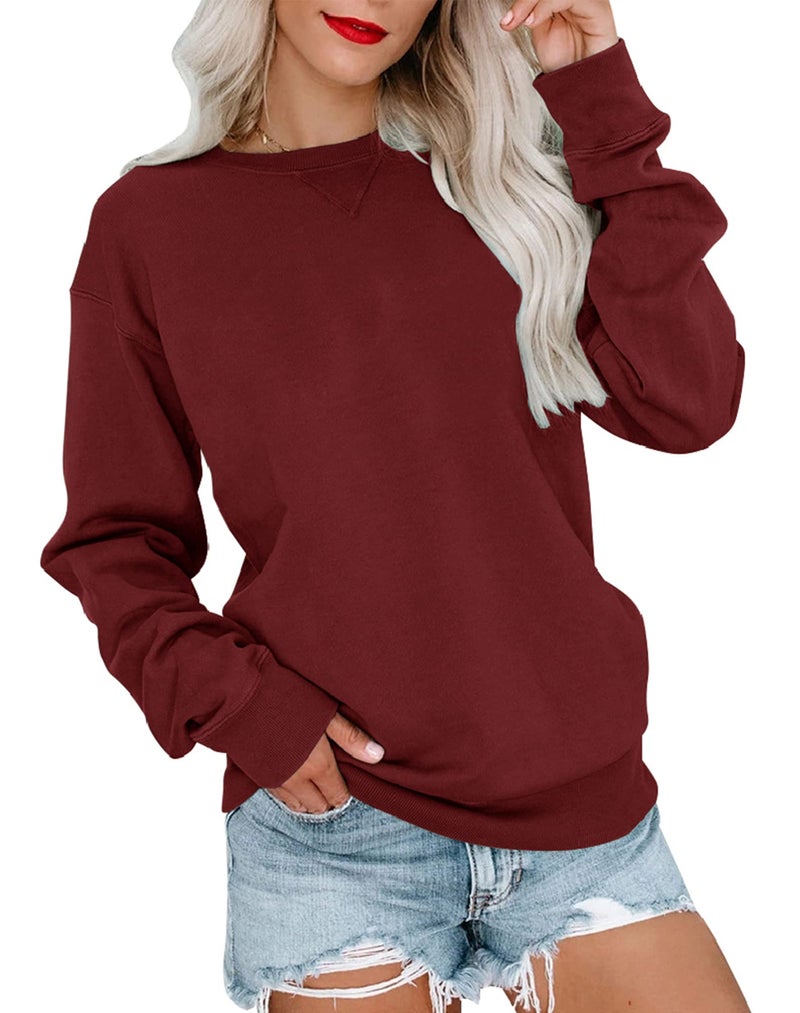 Bingerlily Womens Casual Long Sleeve Sweatshirt Crew Neck Cute Pullover Relaxed Fit Tops (Wine Red,XX-Large) - Image 1